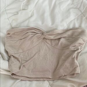 Beige Ribbed Twist Front Tube Top